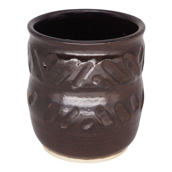 Handcrafted Dark Brown Ceramic Cup Vase With Textured Pattern Pencil Pen Holder - Picture 2 of 5